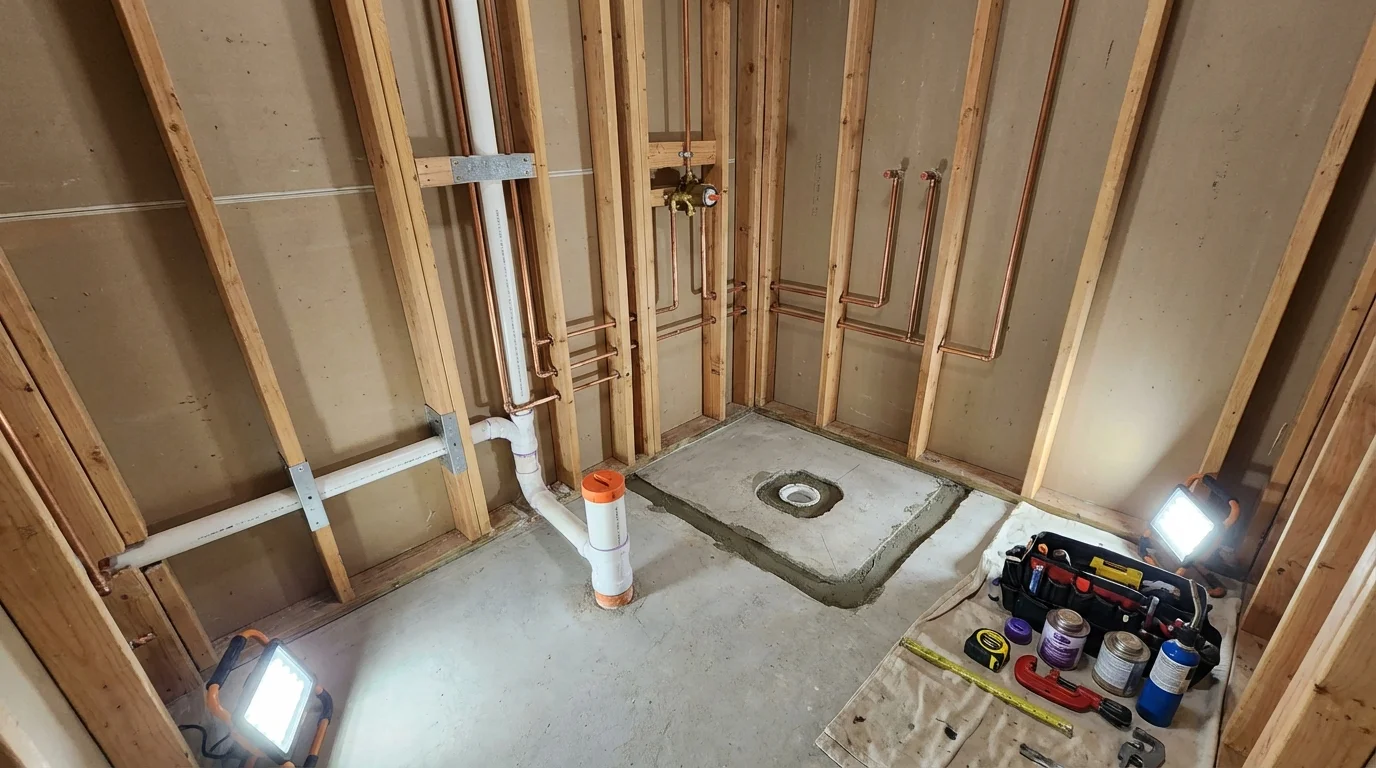 Bathroom rough-in plumbing during remodel by Johns Plumbing LLC in Corcoran