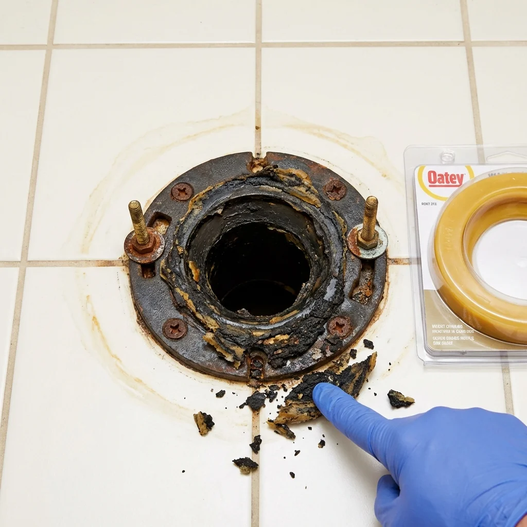 Failed wax ring showing water seepage at the base of a toilet in a Corcoran, CA home