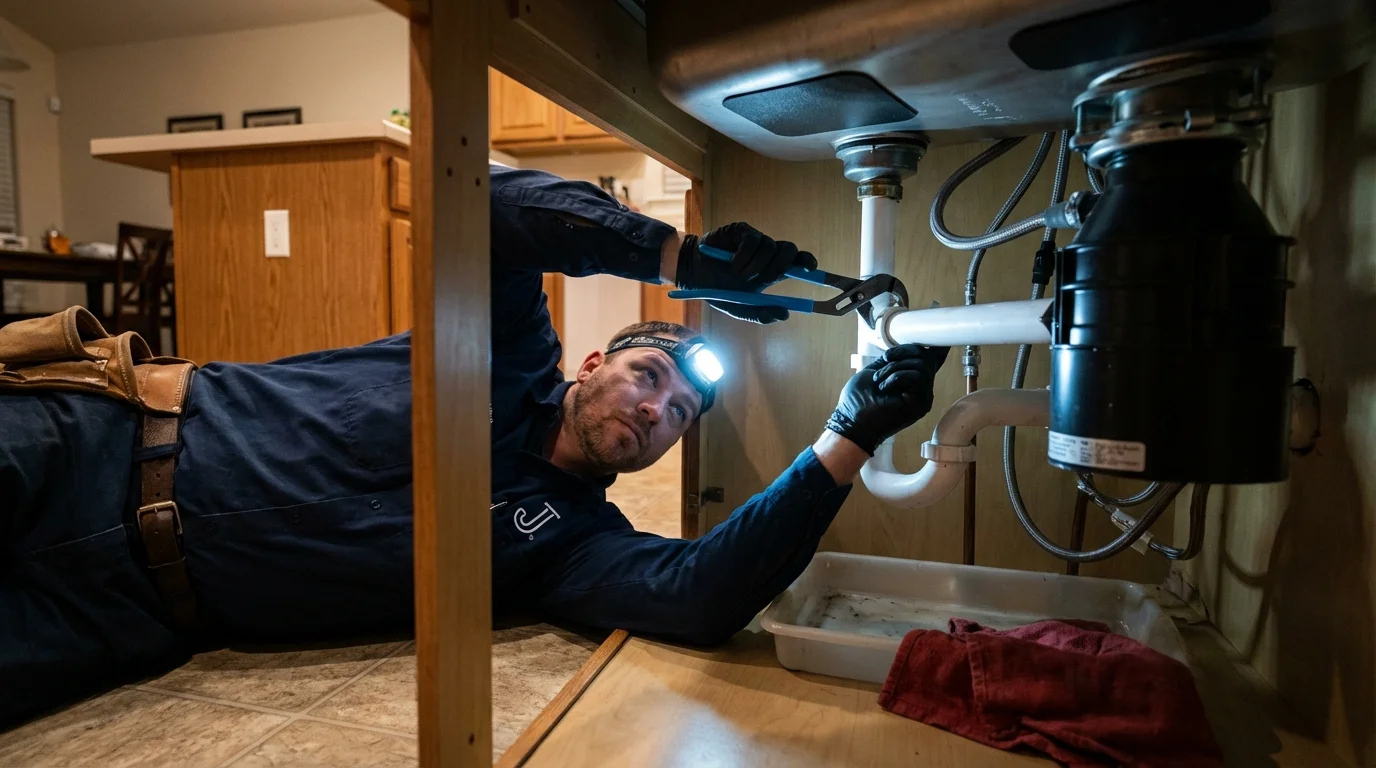 P-trap and supply line connections under a kitchen sink showing a common leak point in Corcoran, CA